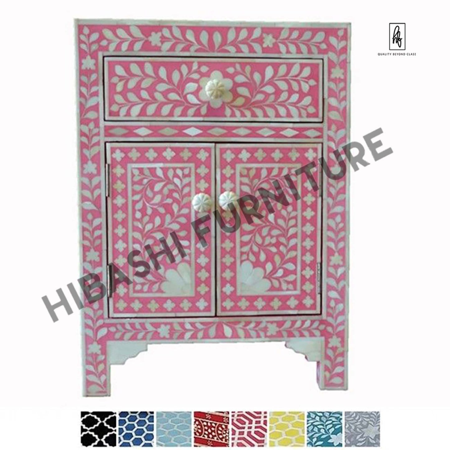 Rustic Floral Bone Inlay Handmade Bedside Table