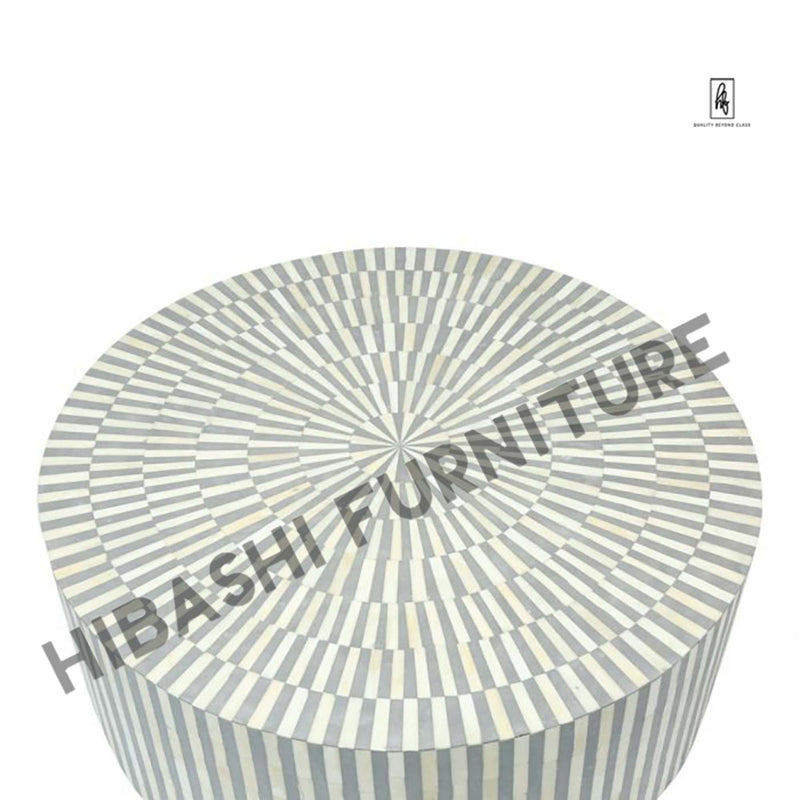 Bone Inlay Strip-Design Round Coffee Table