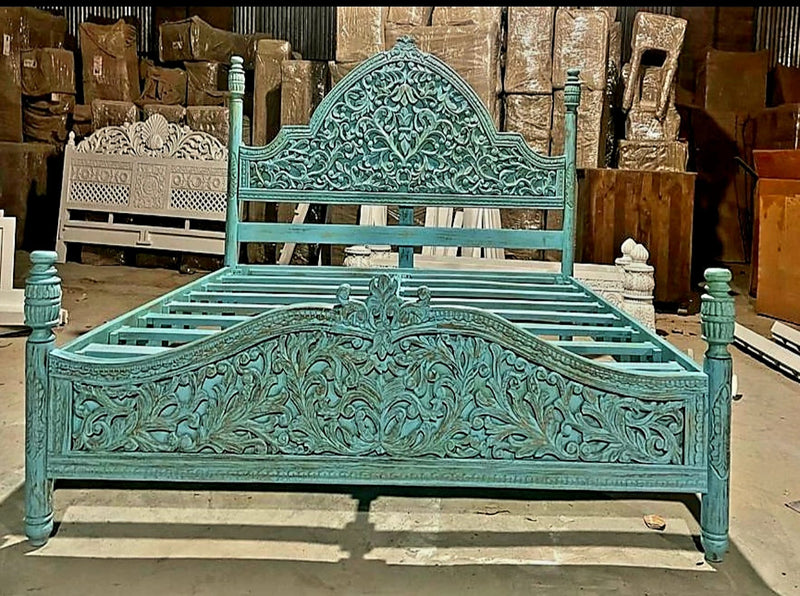 Hand Carved Turquoise Solid Mango Wood Platform Bed Frame
