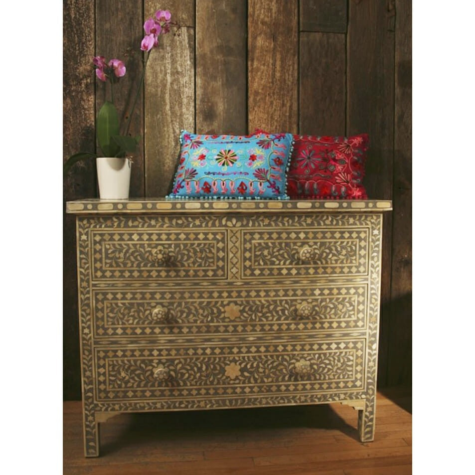 Floral Design Bone Inlay 4 Drawer Chest