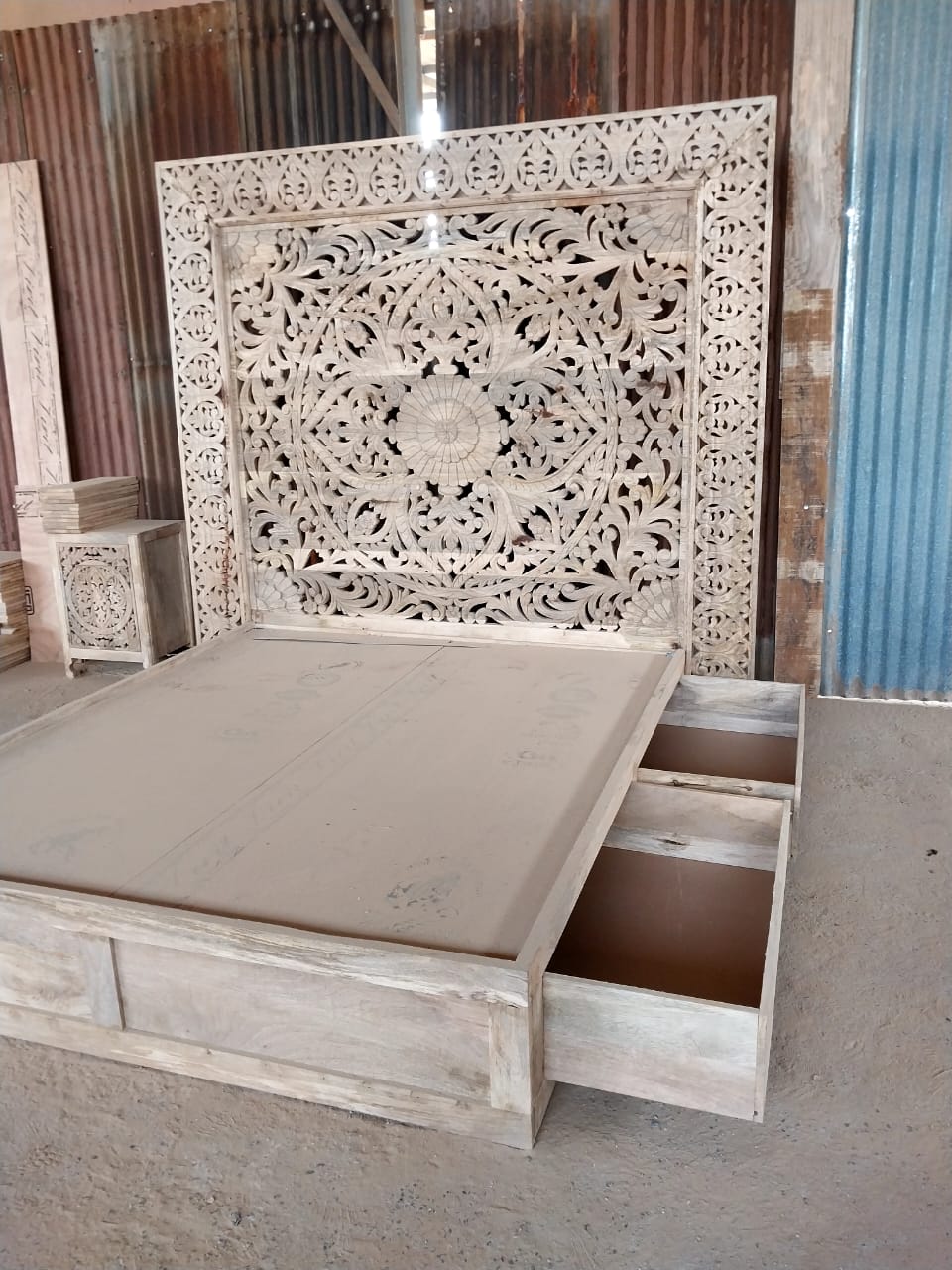 Dynasty Hand Carved Wooden Jody Bed Frame With Storage Drawers