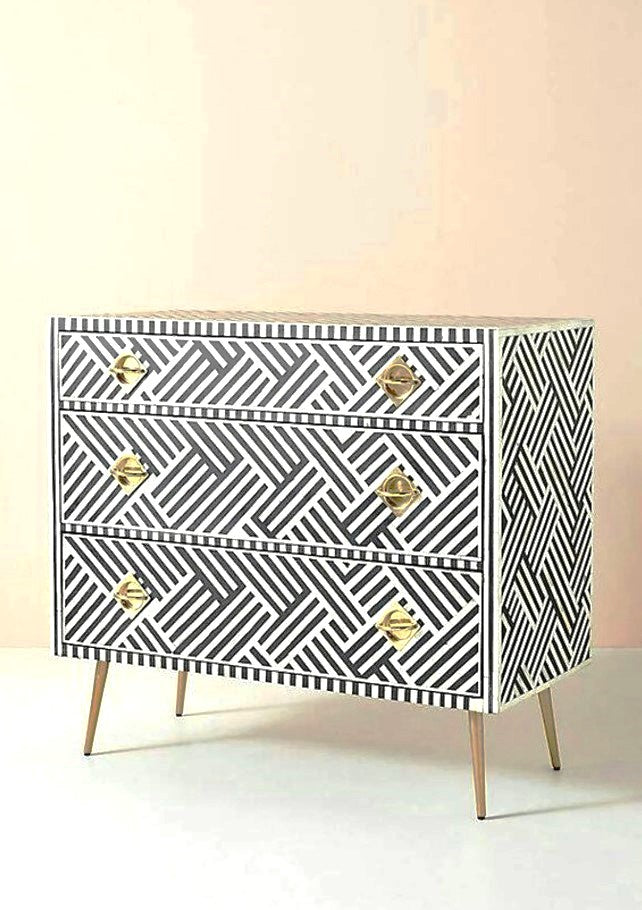 Bone Inlay Handmade 3 Drawer Black and white  Entryway / Bedside