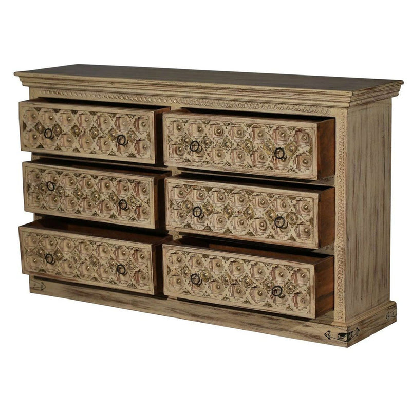 SUTE Hand Carved Six Drawers Solid Mango Wood Dresser