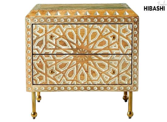 Mughal Garden Geometrical Carved Natural 2 Tone Bedside / Nightstand