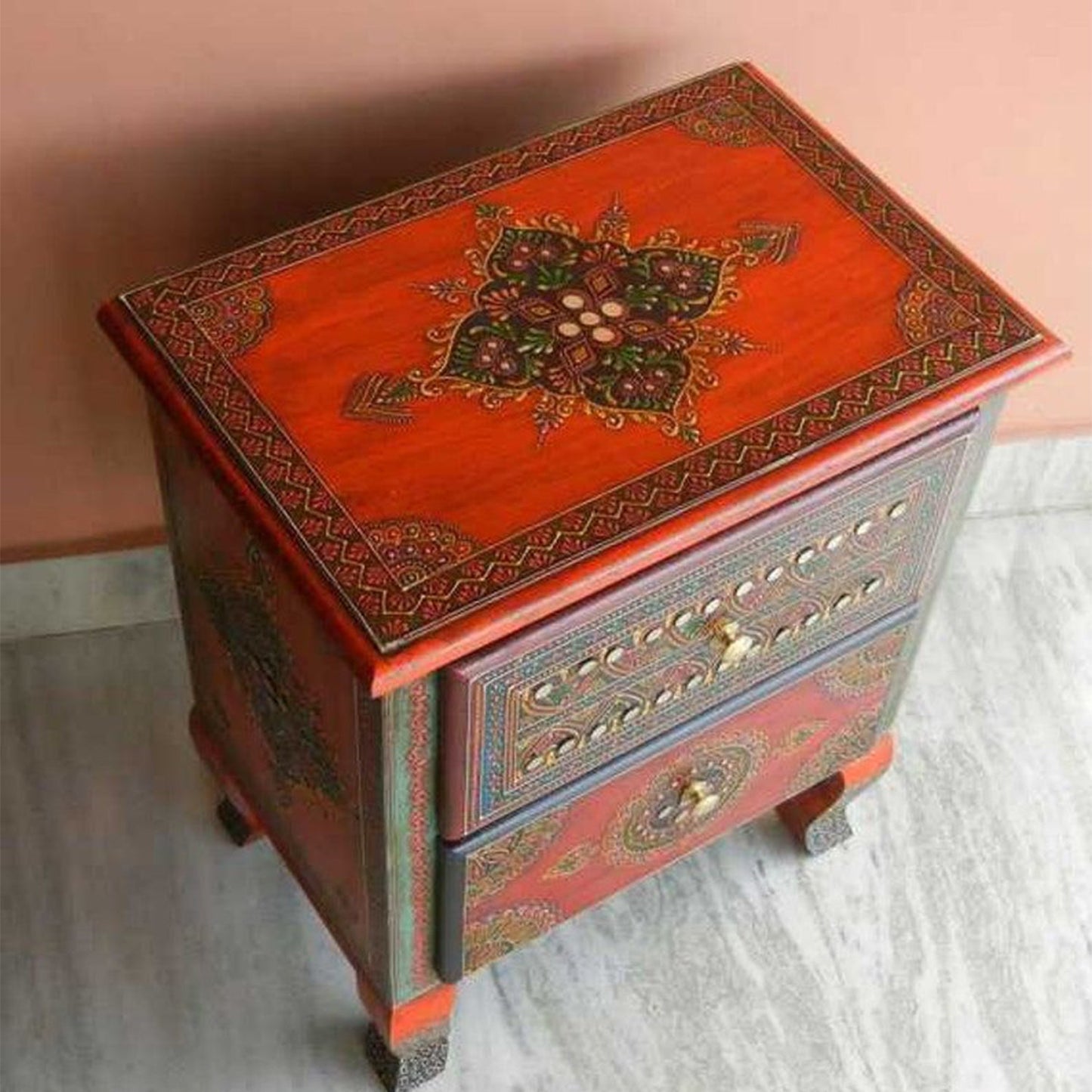 SASI Indian Solid Mango Wooden Hand Carved Bedside cabinet/ Nightstand /Side table