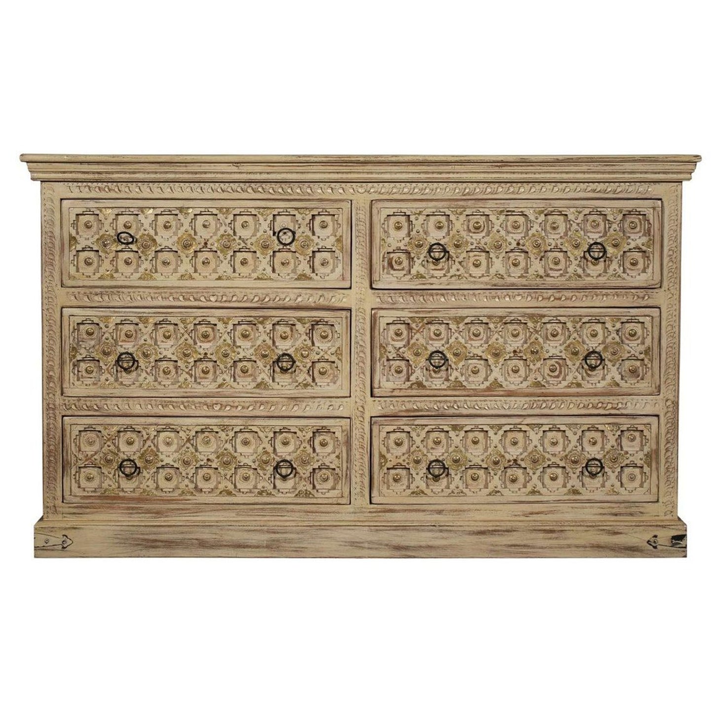 SUTE Hand Carved Six Drawers Solid Mango Wood Dresser