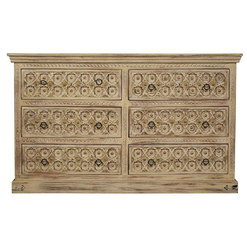 SUTE Hand Carved Six Drawers Solid Mango Wood Dresser