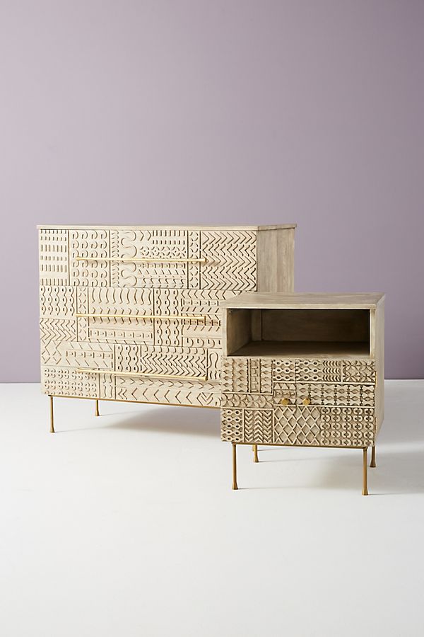 Mango Wood Bedside Table with Carved-Patchwork