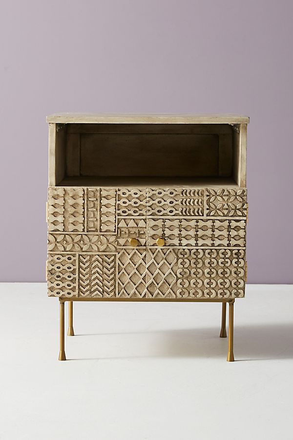 Mango Wood Bedside Table with Carved-Patchwork