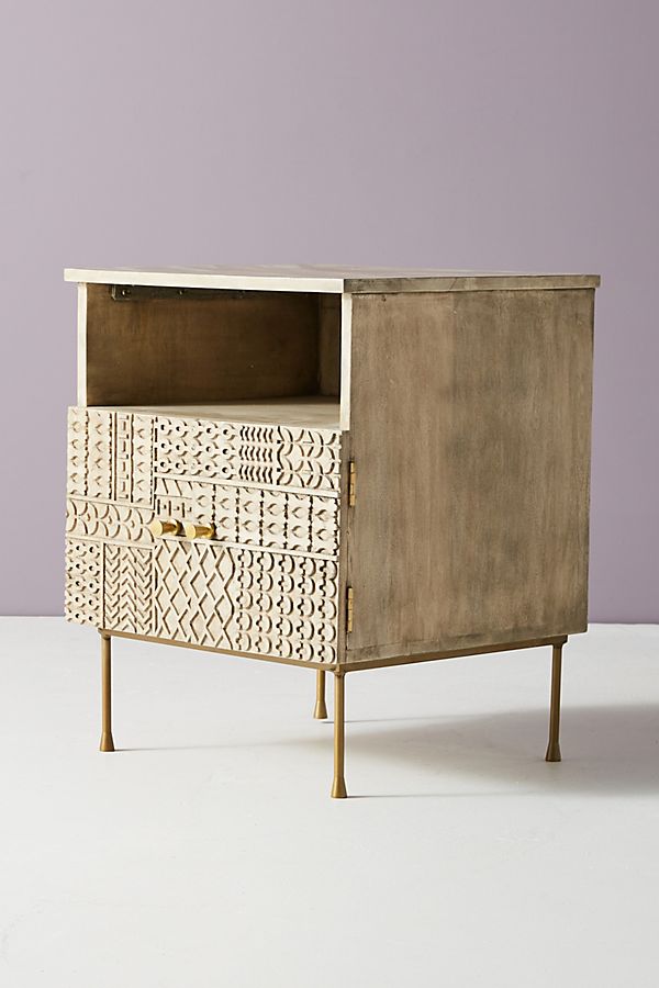 Mango Wood Bedside Table with Carved-Patchwork