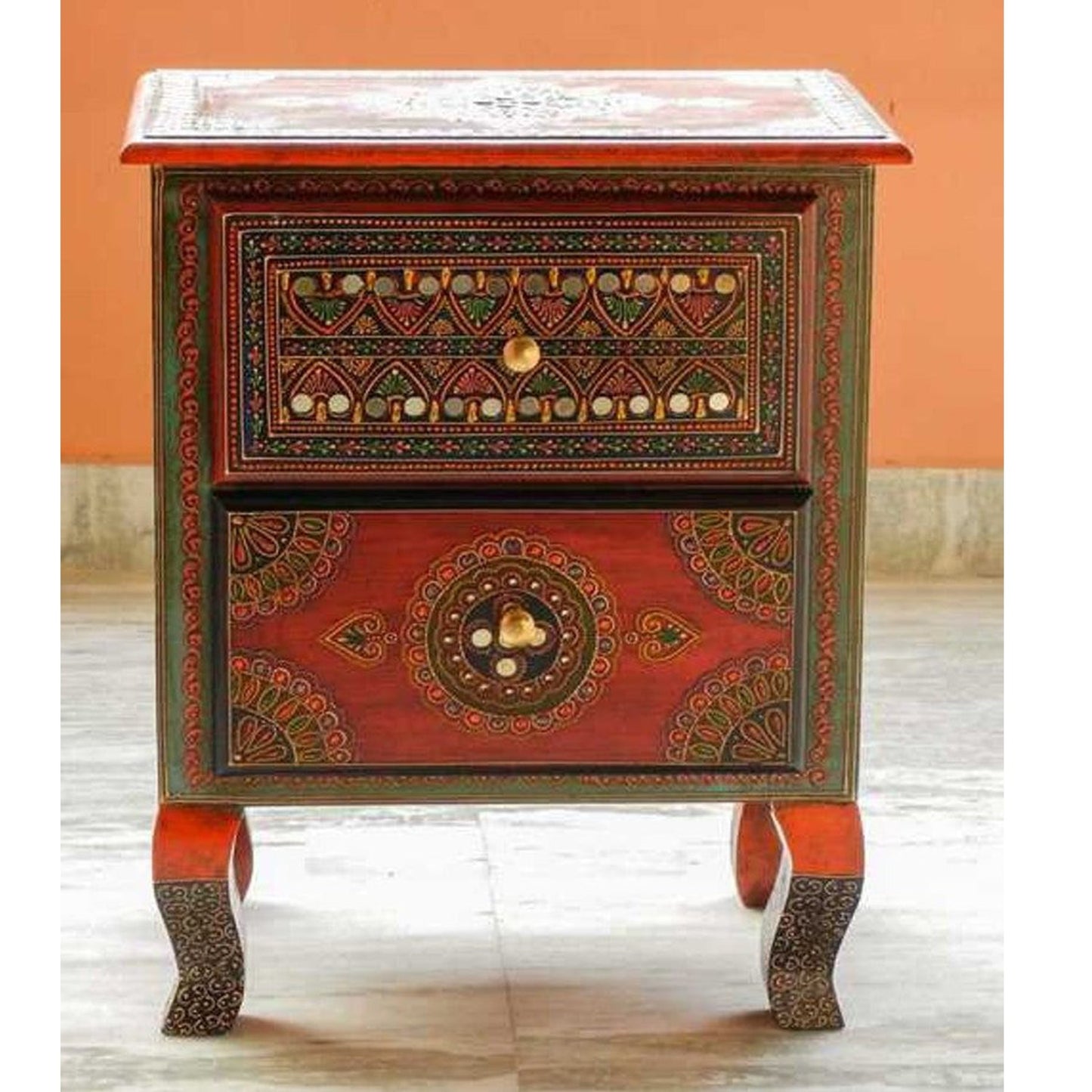 SASI Indian Solid Mango Wooden Hand Carved Bedside cabinet/ Nightstand /Side table