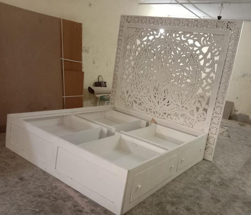Dynasty Hand Carved Wooden Jody Bed Frame With Storage Drawers