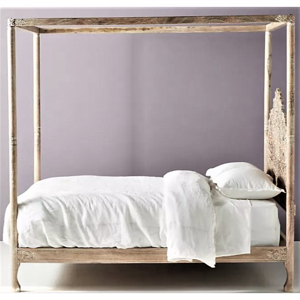 Shahi Mughal Hand Carved Indian Wooden Canopy Platform Bed