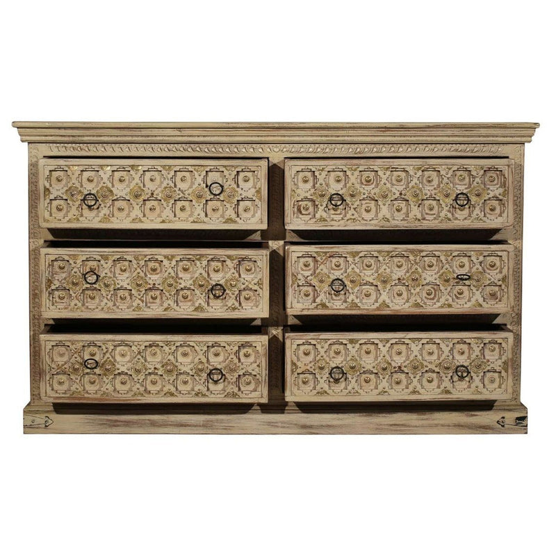 SUTE Hand Carved Six Drawers Solid Mango Wood Dresser