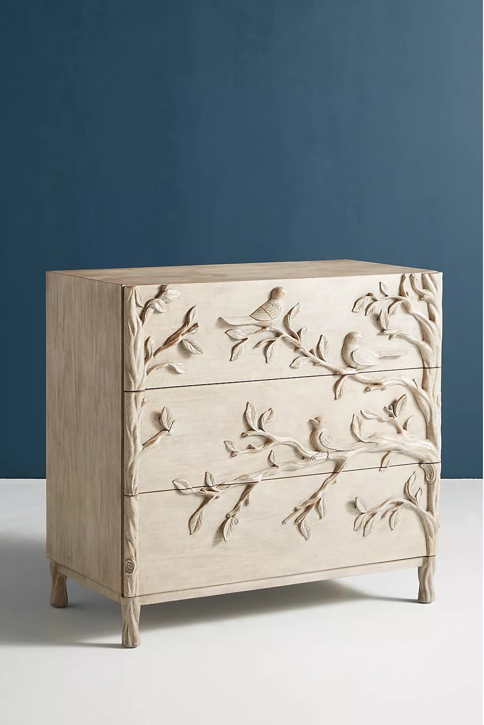 Handcarved Ornithology Three-Drawer Dresser