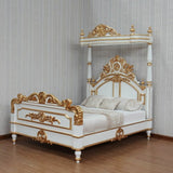 CROWN Solid Mango Wood Antique White/Gold Poster Canopy Bed