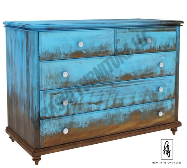 Empire Blue Dawn Rustic Solid Mango Wood Bedroom Dresser With 5 Drawer