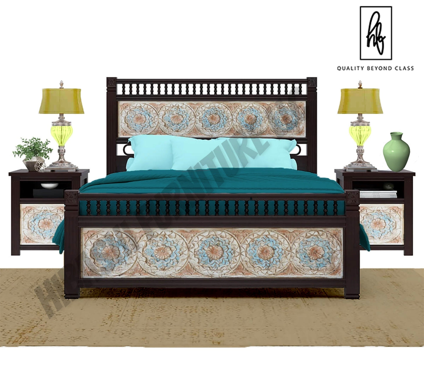 Garden Mango Wood Hand Carved Platform Bed w Foot & Headboard