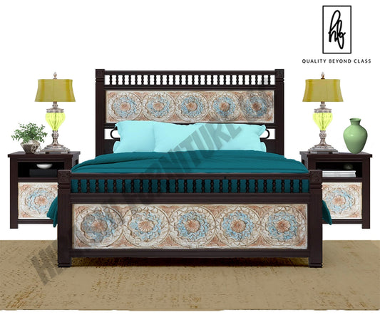 Garden Mango Wood Hand Carved Platform Bed w Foot & Headboard
