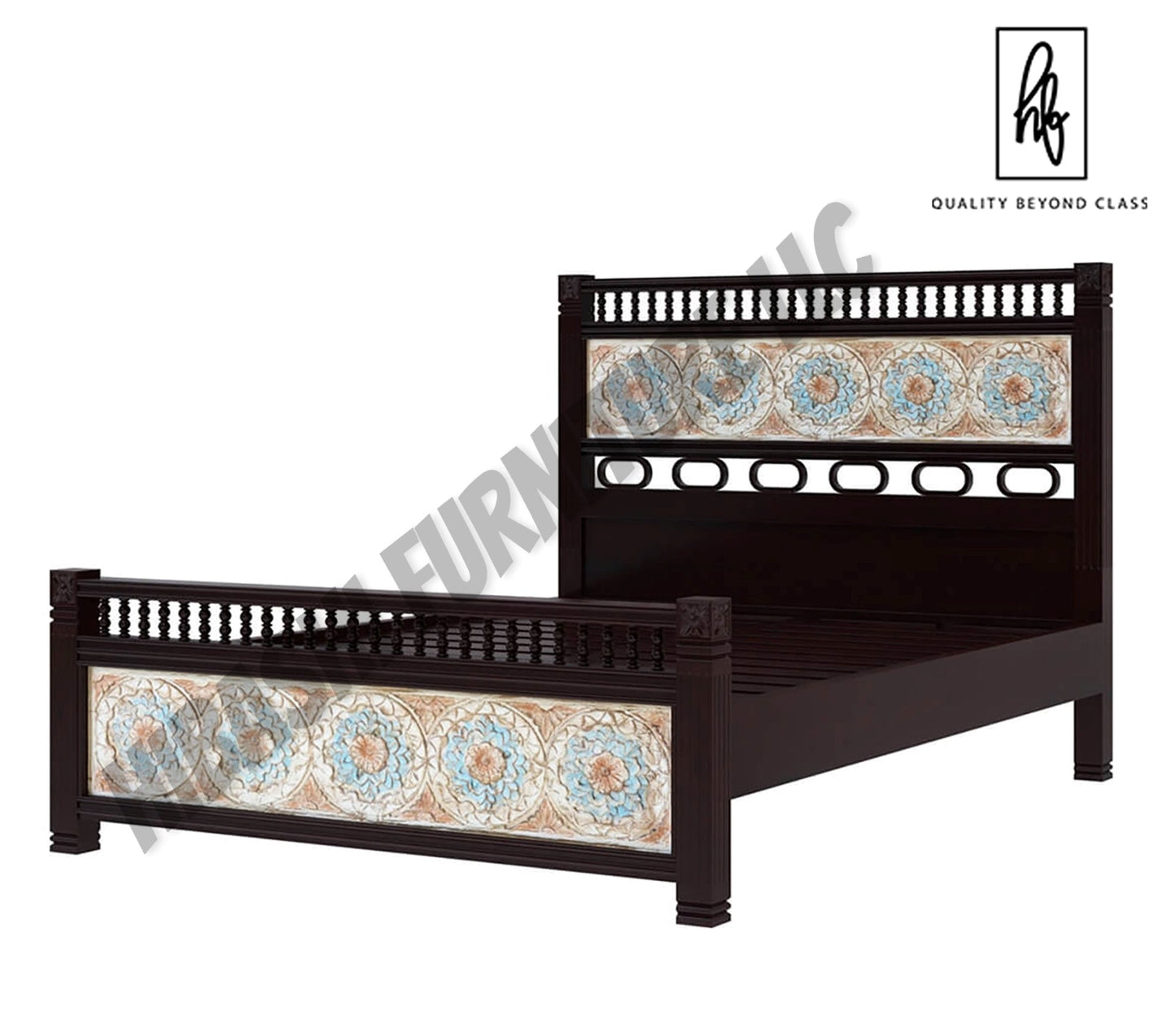 Garden Mango Wood Hand Carved Platform Bed w Foot & Headboard