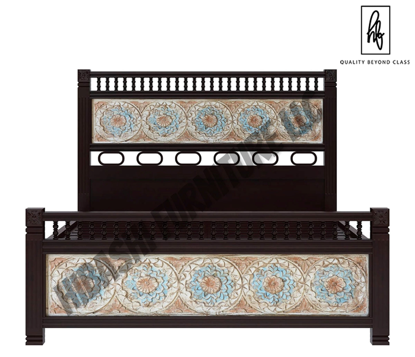 Garden Mango Wood Hand Carved Platform Bed w Foot & Headboard