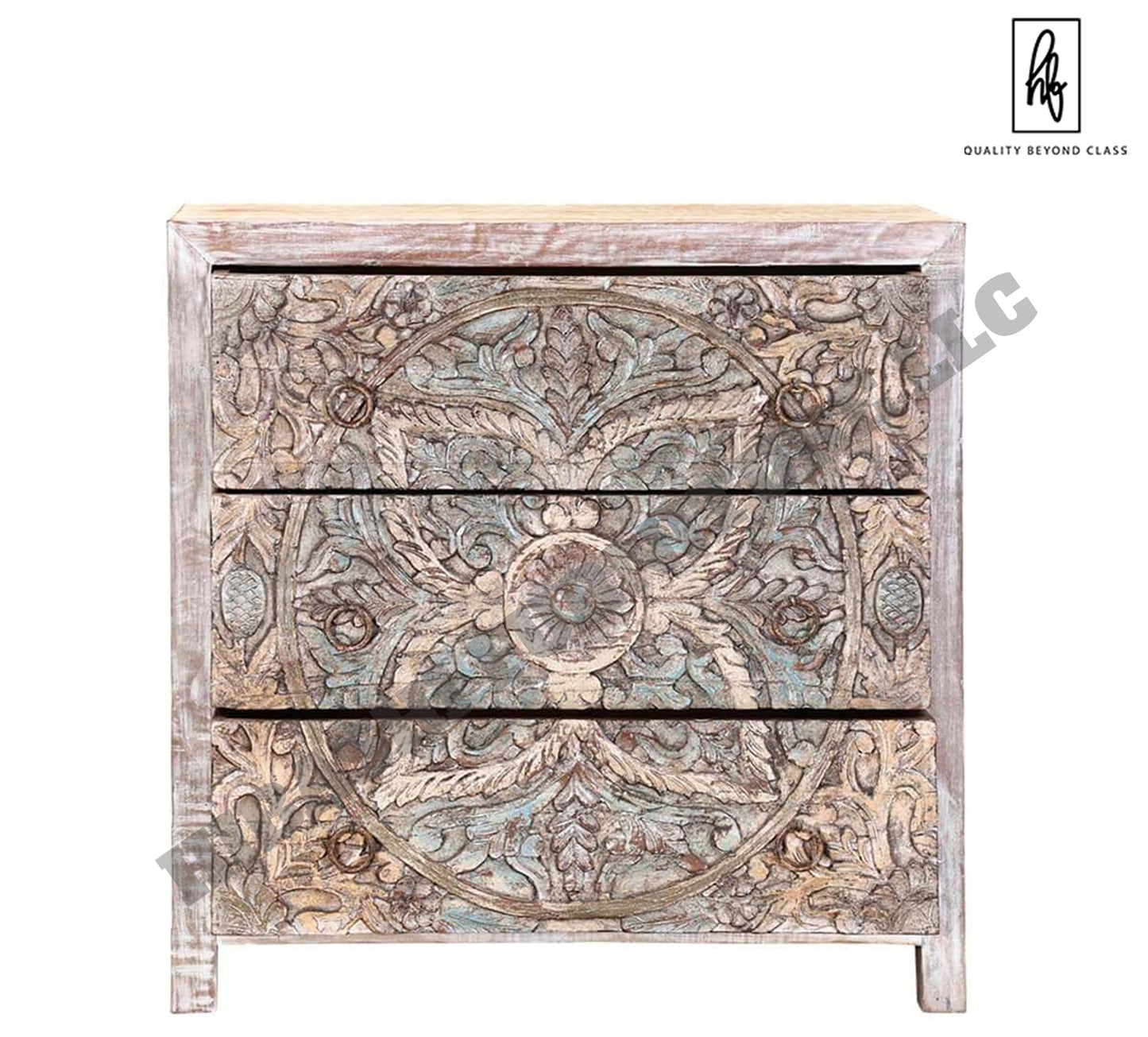 Majestic Floral Hand Carved Mango Wood Small White Dresser with 3 Drawers