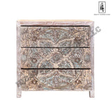 Majestic Floral Hand Carved Mango Wood Small White Dresser with 3 Drawers