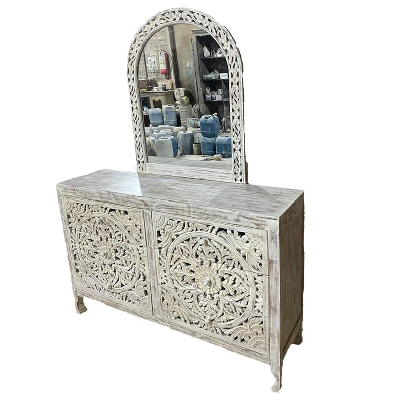 Lombok Hand Carved Wooden Six Drawer Dresser With Mirror