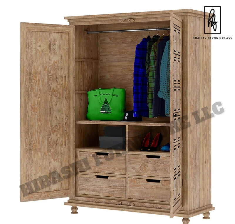 KARINA Traditional Solid Wood Armoire Wardrobe With 4 Drawers