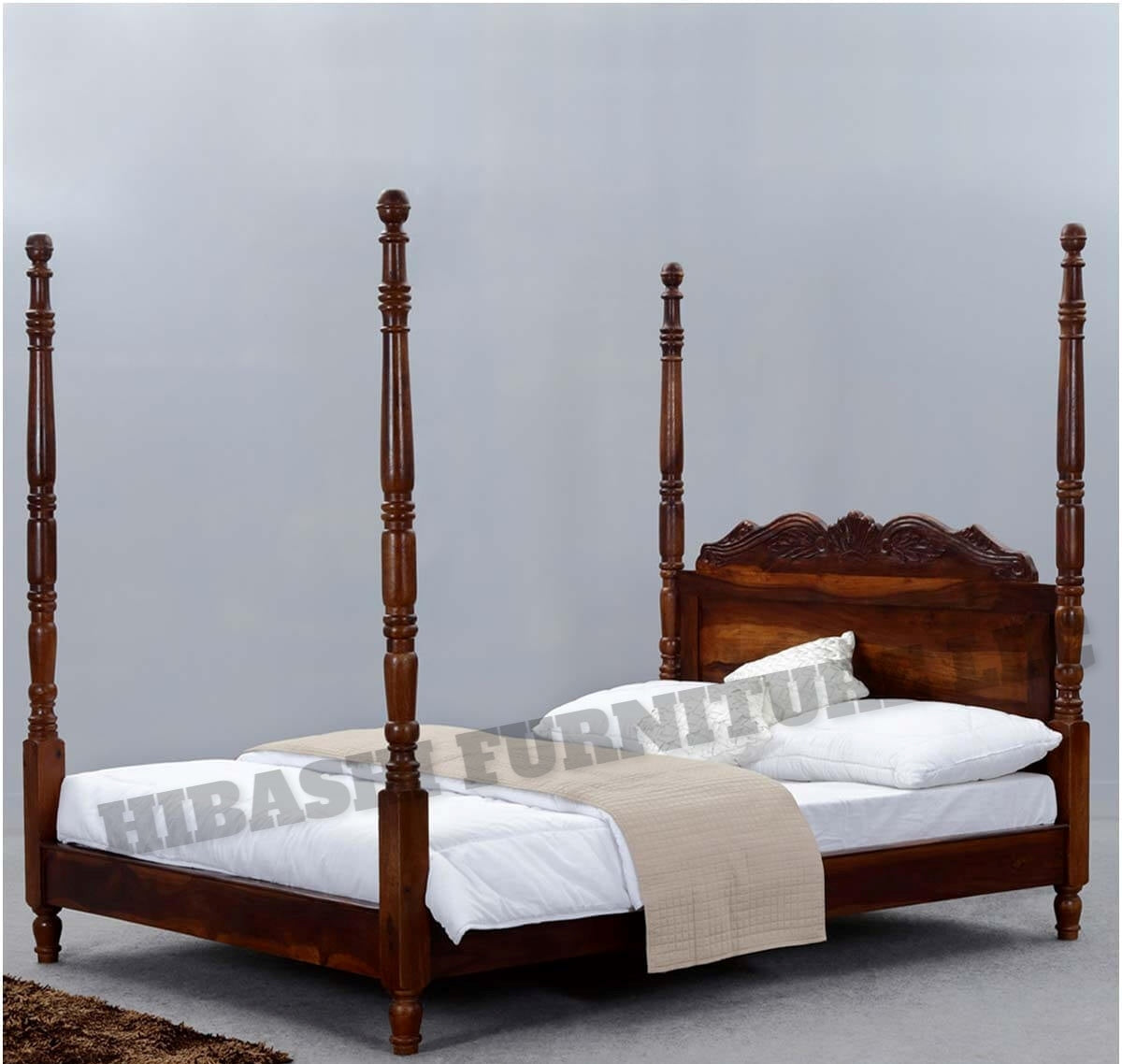 Hibashi Solid Wood Four Poster Platform Bed Frame w Headboard