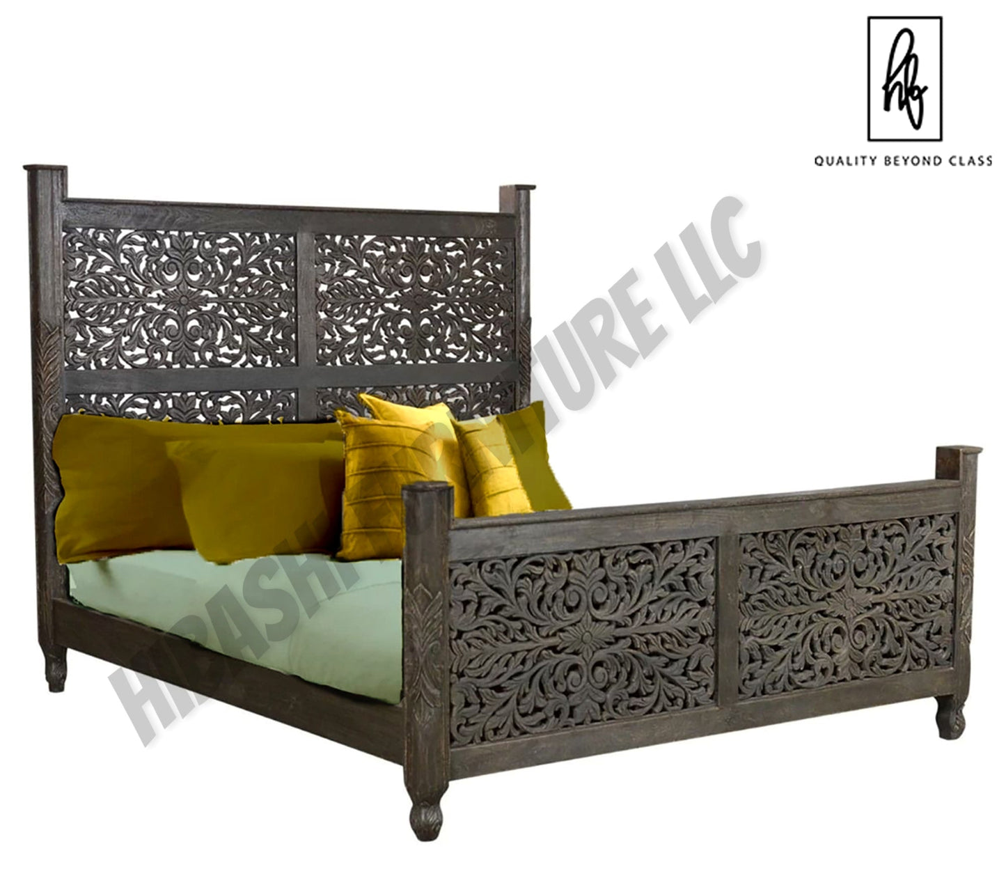 Floral Hand Carved Moroccan Style Flatform Bed