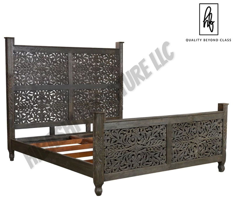 Floral Hand Carved Moroccan Style Flatform Bed