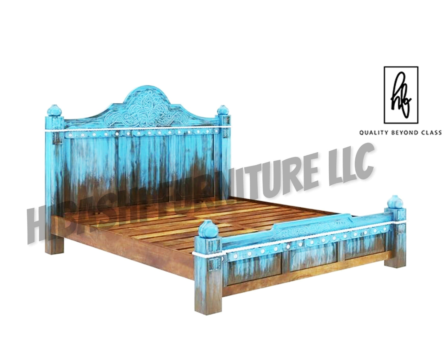 Hand Carved Blue Wash Solid Mango Wood Platform Bed