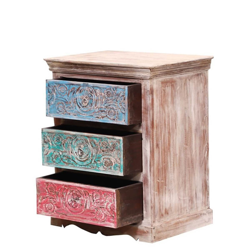 Alamance Hand carved Reclaimed Wood 3 Drawer Nightstand