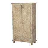 ALONA Hand carved Solid Wood Distressed White Armoire w Shelves