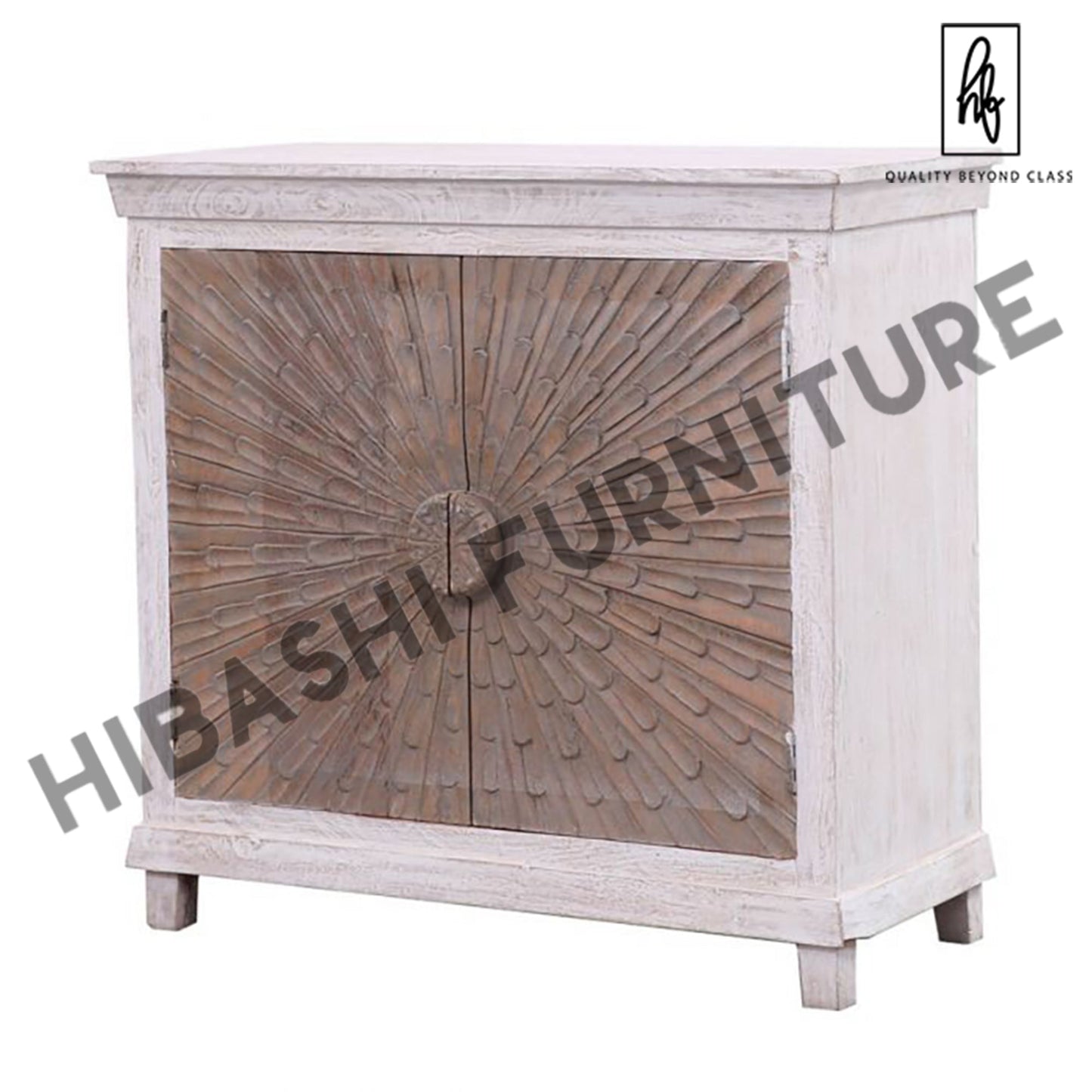 Adliya Sunburst Hand Carved Two Tone Solid Wood Storage Cabinet