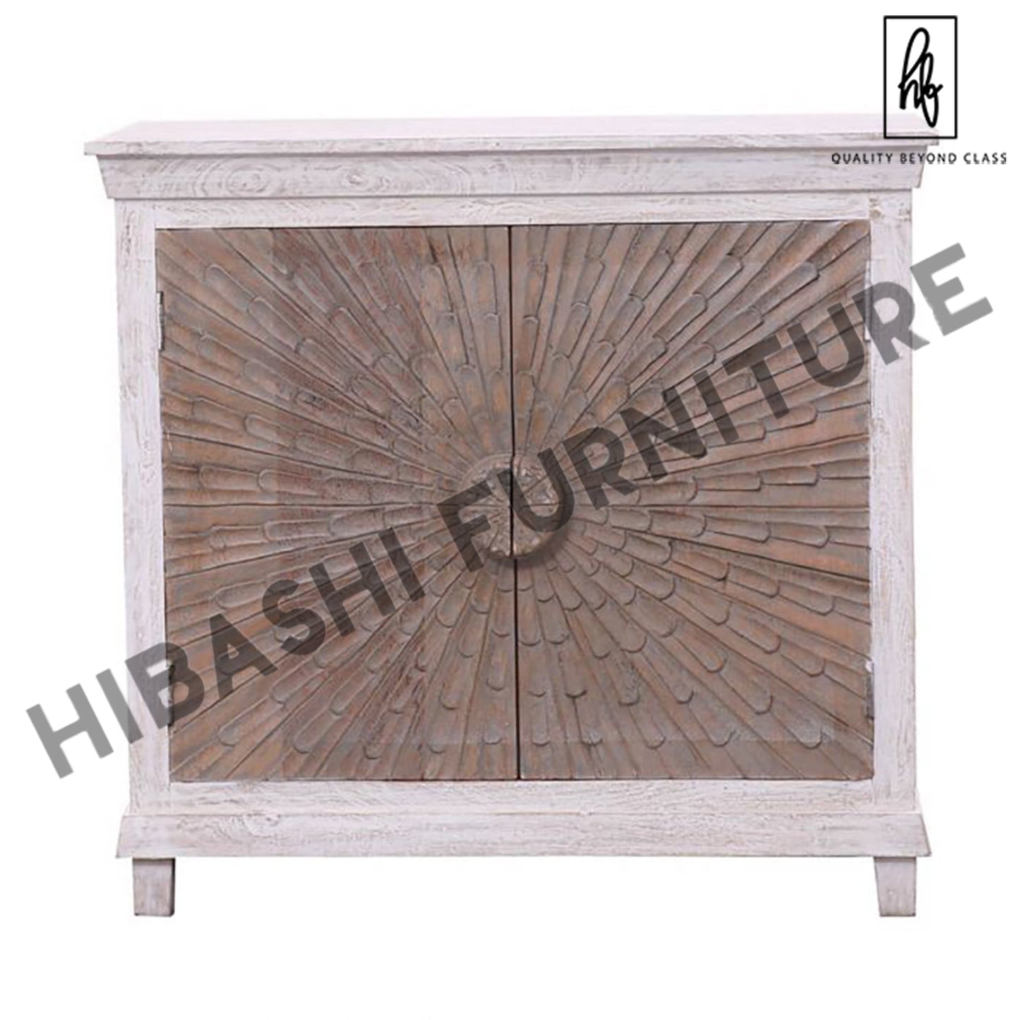 Adliya Sunburst Hand Carved Two Tone Solid Wood Storage Cabinet