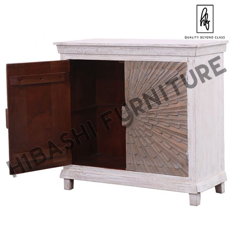 Adliya Sunburst Hand Carved Two Tone Solid Wood Storage Cabinet