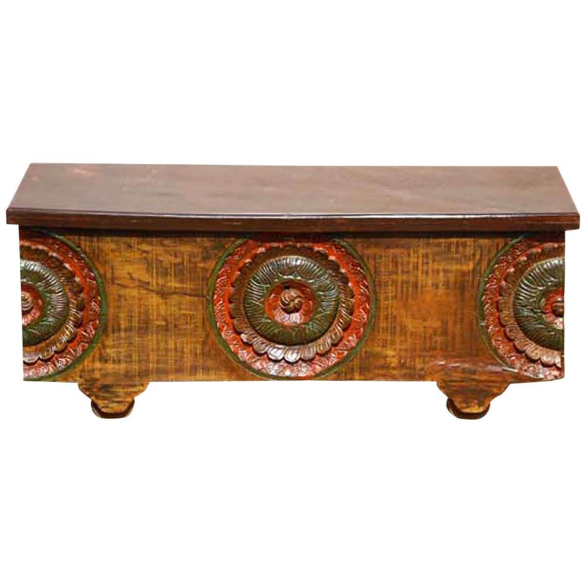 MIYA Antique Style Carved Wood Storage Trunk Coffee Table