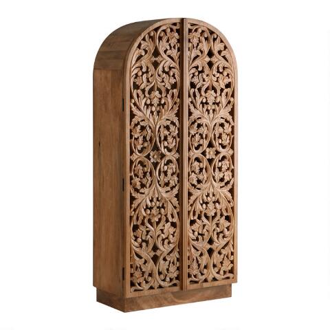 Sitra Arched Natural Floral Hand Carved Wood  Storage Cabinet