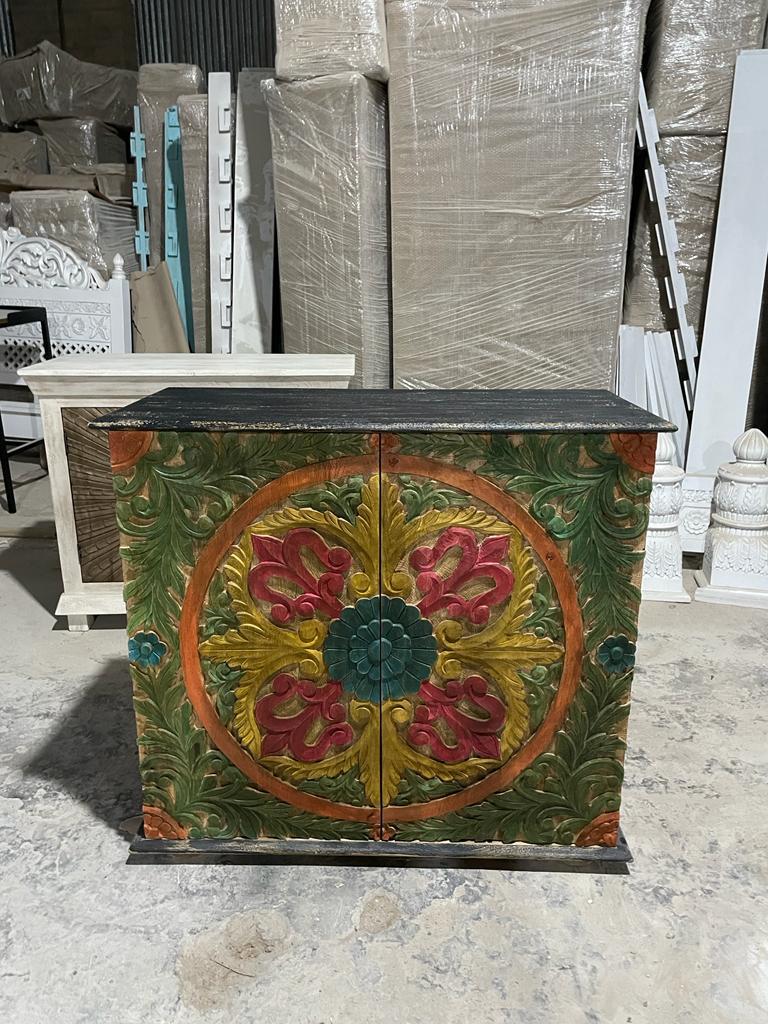 Hamala Hand Carved Distressed Mango Wood Accent Storage Cabinet