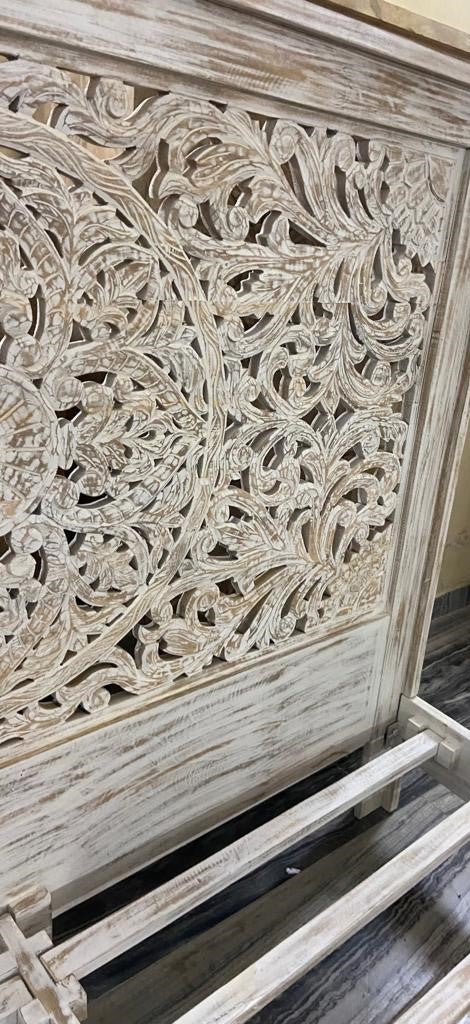 Indian Hand Carved wooden High Headboard Canopy Bed Frame