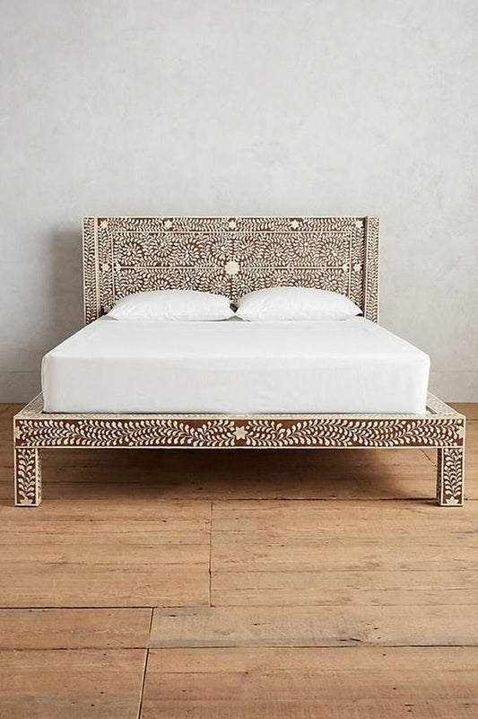 Zinj Bone Inlay Bed Frame in Brown Queen/King