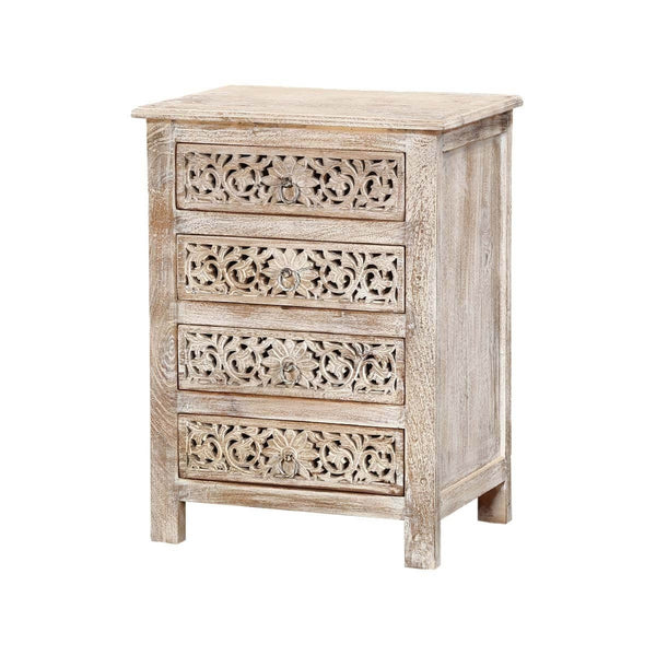 Hibashi-Antique Hand Carved Bedside Table Whitewash