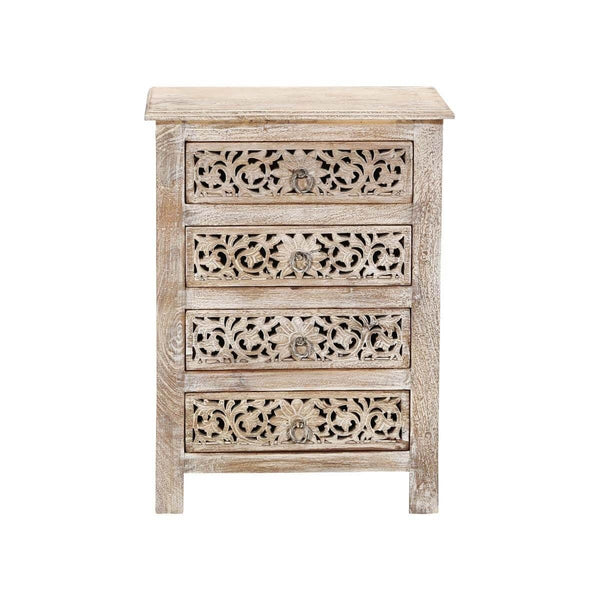 Hibashi Antique Hand Carved Bedside Table Whitewash