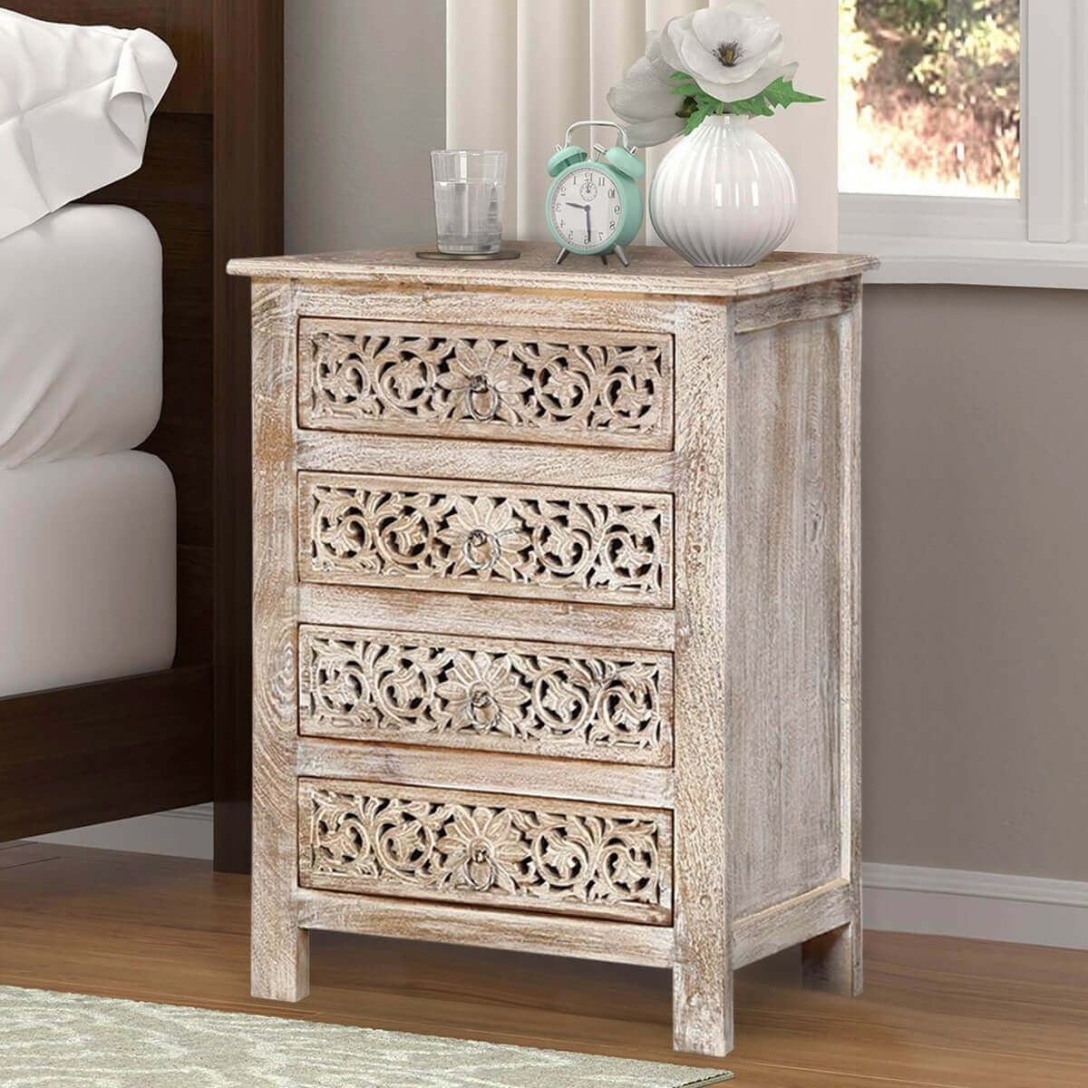 Hibashi Antique Hand Carved Bedside Table Whitewash