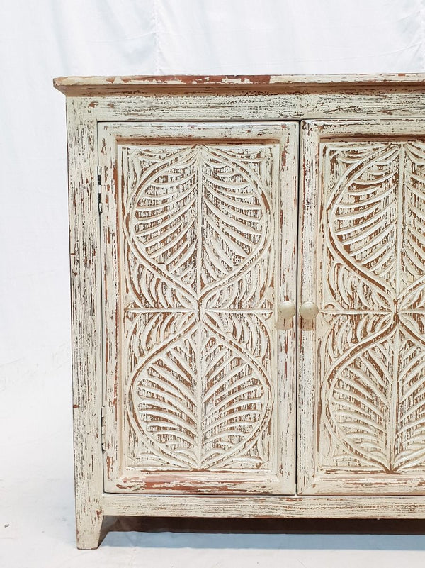 Leaf Design Hand Carved Solid Wooden Cabinet, Storage Sideboard