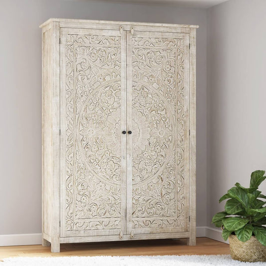 Salman Hand carved Solid Wood Large White Wardrobe Armoire
