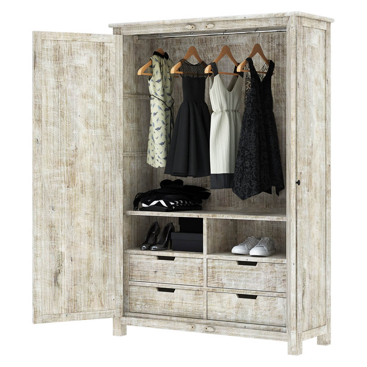 Salman Hand carved Solid Wood Large White Wardrobe Armoire