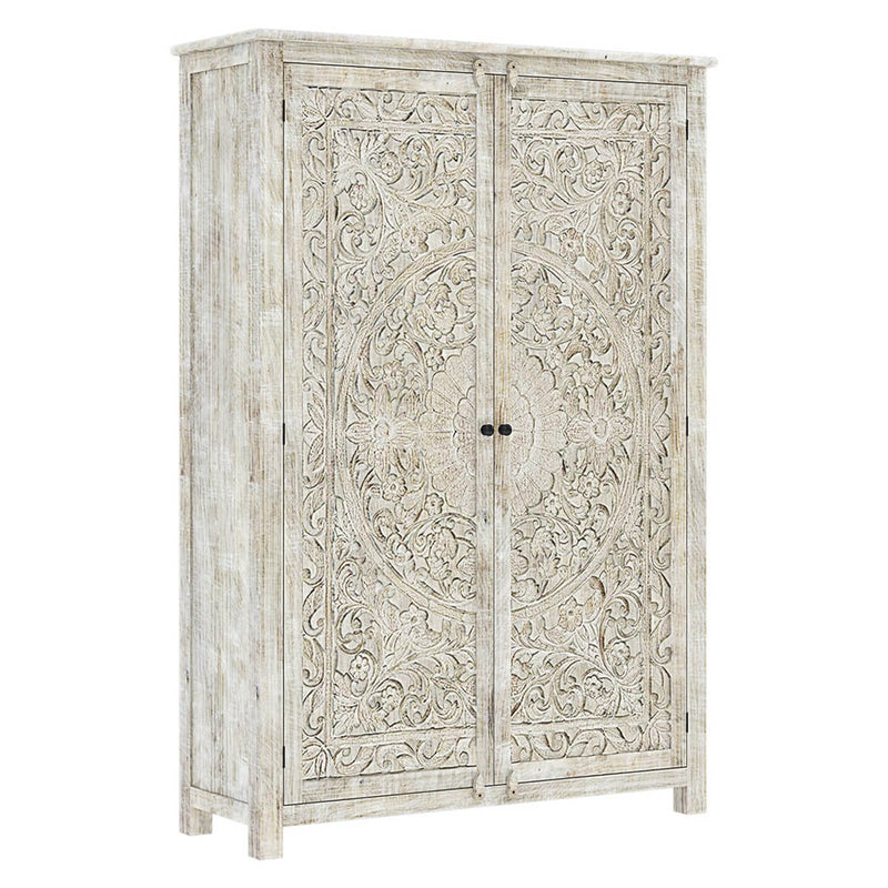 Salman Hand carved Solid Wood Large White Wardrobe Armoire